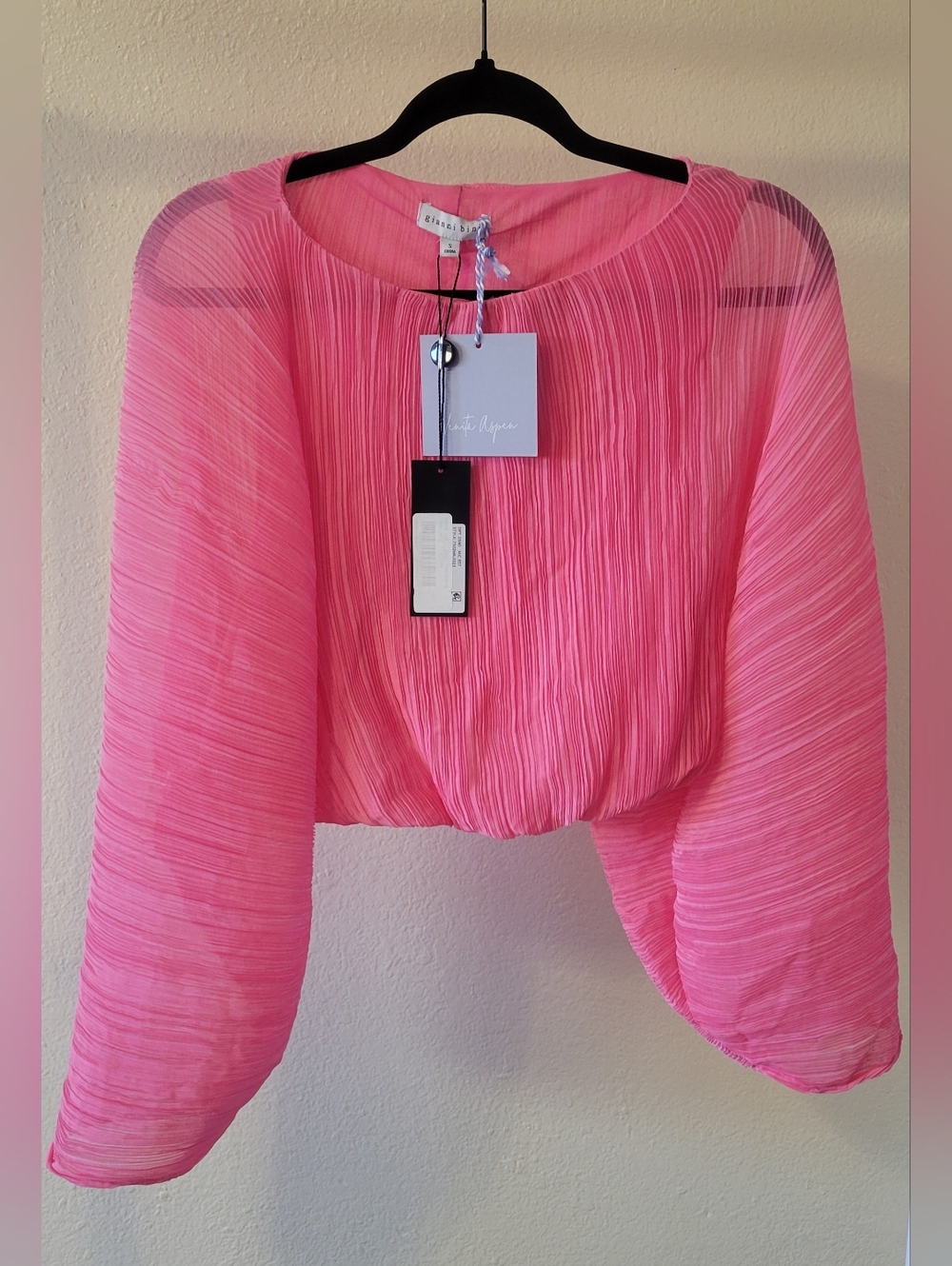 Gianni Bini Pink Pleated Crop Blouse Balloon Sleeve NWT Size S